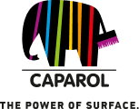 Caparol Logo - Couleurs et Puissance des Surfaces Logo Caparol avec traits colorés abstraits, incluant les textes "CAPAROL" et "THE POWER OF SURFACE.".