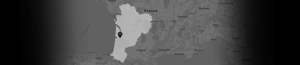 Carte grise de la France, région Nouvelle-Aquitaine mise en évidence avec une épingle sur Bordeaux.