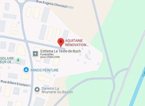 Businesses La Teste-de-Buch: Rénovation, Funérailles, Peinture Carte de La Teste-de-Buch montrant AQUITAINE RÉNOVATION, Esthima Funérailles, MINOS PEINTURE et Darwinn La Rhumerie.