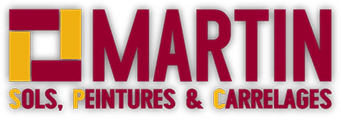 Martin Sols Peintures Carrelages - Expertise Déco Intérieur Logo Martin bicolore (bordeaux, or) avec formes géométriques et texte SOLS, PEINTURES & CARRELAGES. Spécialiste sols, peintures, carrelages.