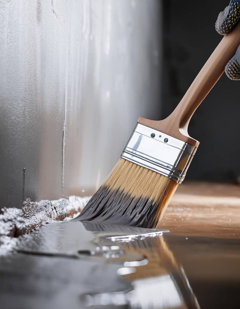Paint brush applies new gray paint on old surface. Close up of bristles and reflection. Painting surface. House improvement. Fresh paint.